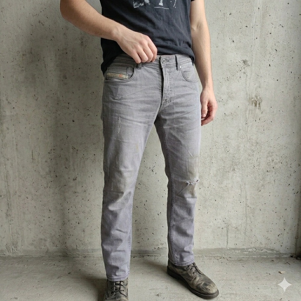Diesel‎ Jeans Mens 33 Gray Distressed Slim Fit Rainbow Stitch Grunge Y2K